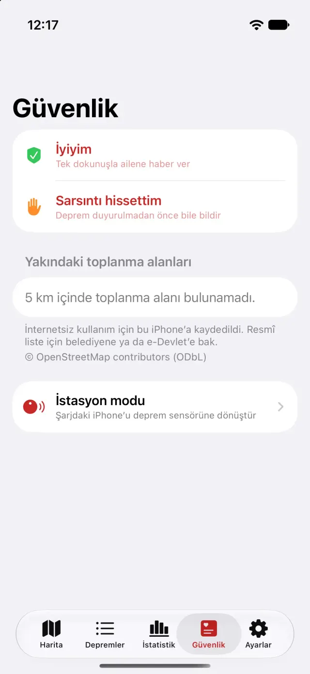 Deprem app screenshot: Safety screen: I’m safe, I felt shaking, assembly areas, station mode