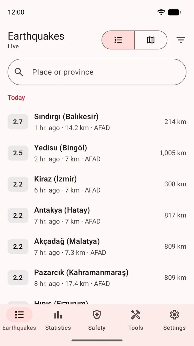 Android Schermata dell’app Deprem: lista dei terremoti