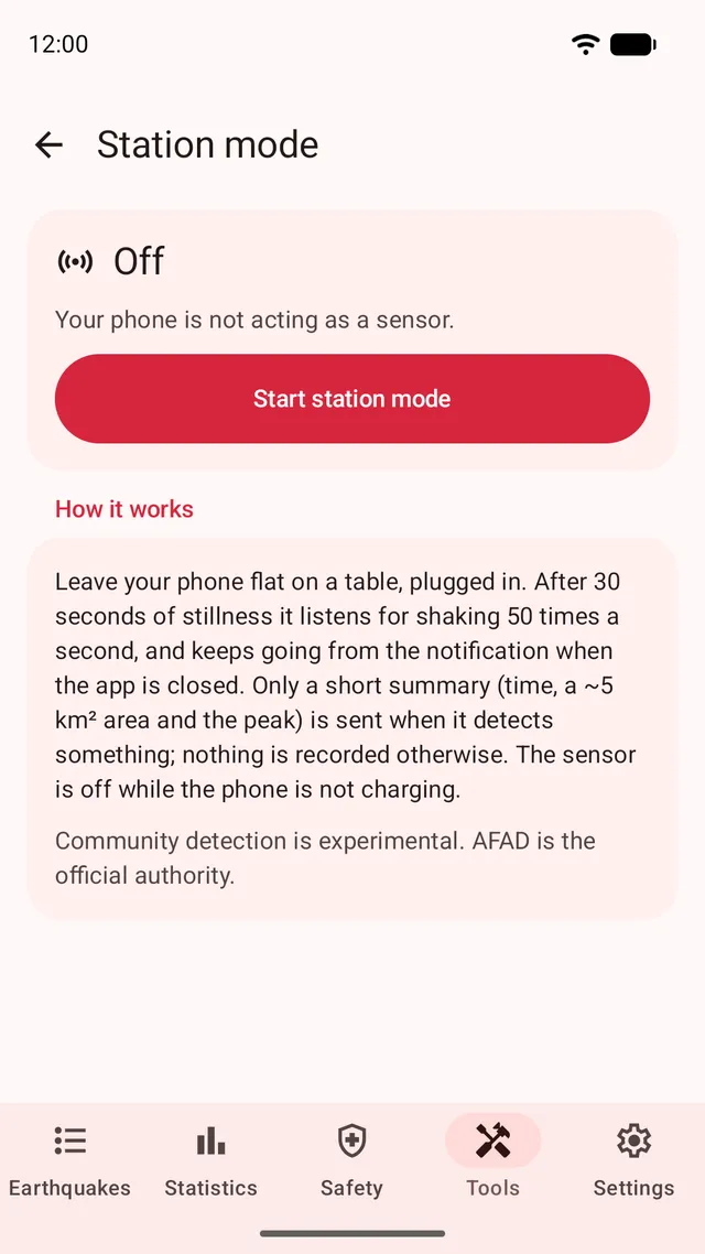 Android Schermata dell’app Deprem: modalità stazione