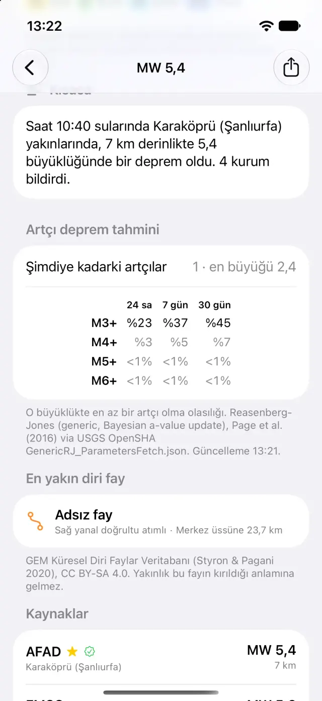 Deprem app screenshot: earthquake detail with aftershock forecast and nearest fault